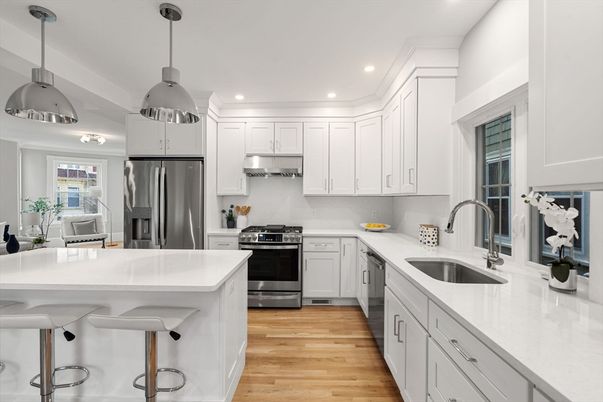 Interior, Kitchen, Pendant Lights, Recessed Lighting, Stainless Steel Appliances, Wood Texture Flooring