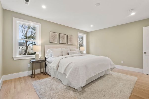 Bedroom, Interior, Recessed Lighting, Wood Texture Flooring