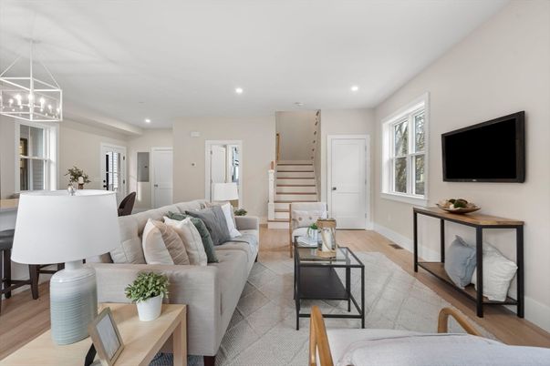 Dining room, Interior, Living room, Pendant Lights, Recessed Lighting, Wood Texture Flooring