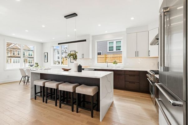 Interior, Kitchen, Pendant Lights, Recessed Lighting, Stainless Steel Appliances, Wood Texture Flooring