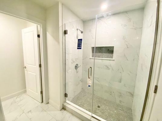 Bathroom, Glass Shower, Interior, Marble, Marble Walls, Recessed Lighting