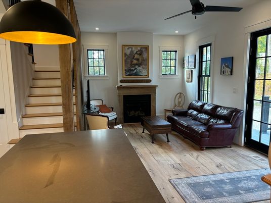 Fireplace, Interior, Living room, Recessed Lighting, Wood Texture Flooring