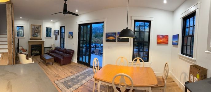 Dining room, Fireplace, Interior, Living room, Pendant Lights, Recessed Lighting, Wood Texture Flooring