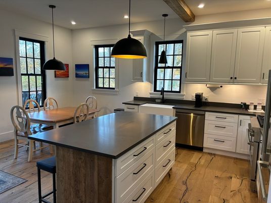Dining room, Interior, Kitchen, Pendant Lights, Recessed Lighting, Stainless Steel Appliances, Wooden Beams, Wood Texture Flooring