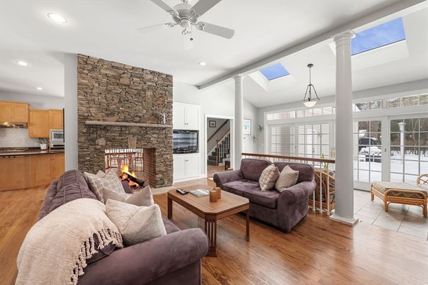 Fireplace, Interior, Kitchen, Living room, Pendant Lights, Recessed Lighting, Stone Walls, Wood Texture Flooring