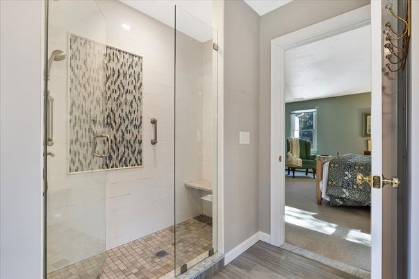 Bathroom, Glass Shower, Interior, Wood Texture Flooring