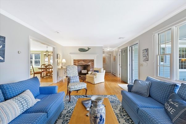 Dining room, Fireplace, Interior, Living room, Pendant Lights, Wood Texture Flooring
