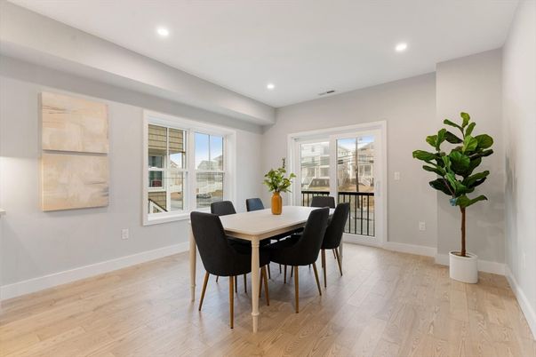 Dining room, Interior, Recessed Lighting, Wood Texture Flooring