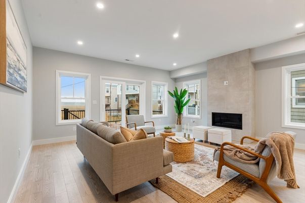 Fireplace, Interior, Living room, Recessed Lighting, Wood Texture Flooring