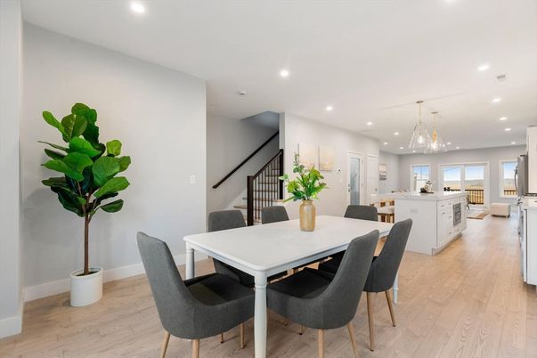 Dining room, Interior, Kitchen, Pendant Lights, Recessed Lighting, Wood Texture Flooring