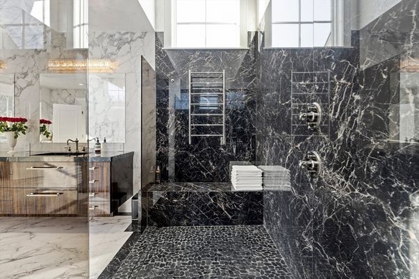 Bathroom, Dual Sink Vanities, Free Standing Baths, Interior, Marble, Marble Walls, Recessed Lighting
