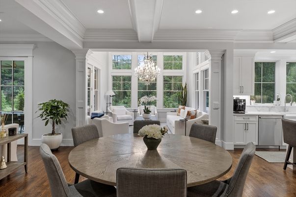 Dining room, Interior, Kitchen, Living room, Pendant Lights, Recessed Lighting, Stainless Steel Appliances, Wood Texture Flooring