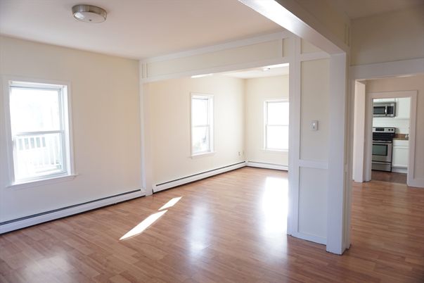 Empty room, Interior, Kitchen, Stainless Steel Appliances, Wood Texture Flooring