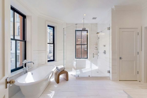 Bathroom, Free Standing Baths, Glass Shower, Interior, Marble, Recessed Lighting