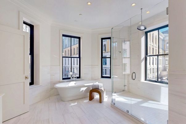 Bathroom, Dual Sink Vanities, Interior, Recessed Lighting, Wood Texture Flooring