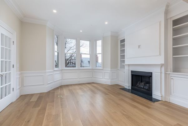 Empty room, Fireplace, Interior, Recessed Lighting, Wood Texture Flooring