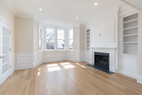 Empty room, Fireplace, Interior, Recessed Lighting, Wood Texture Flooring