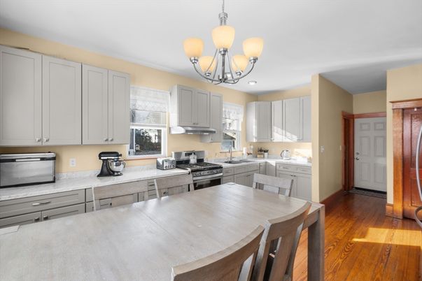 Chandelier, Interior, Kitchen, Recessed Lighting, Stainless Steel Appliances, Wood Texture Flooring