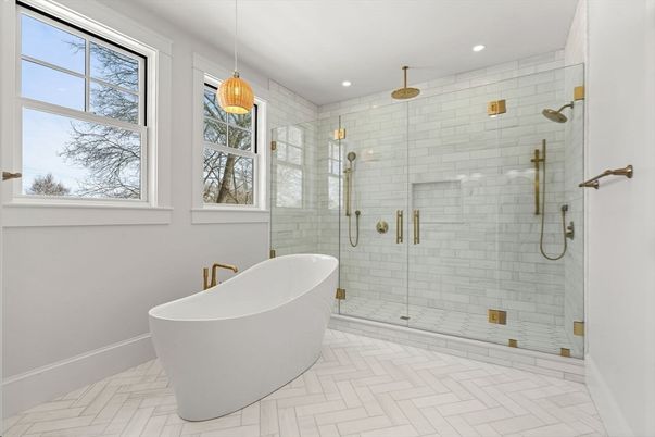 Bathroom, Free Standing Baths, Glass Shower, Interior, Marble, Pendant Lights, Recessed Lighting