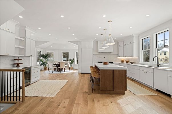 Dining room, Interior, Kitchen, Pendant Lights, Recessed Lighting, Stainless Steel Appliances, Wood Texture Flooring