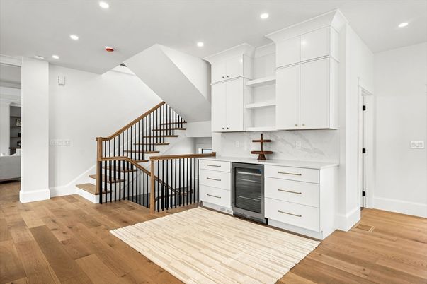Interior, Kitchen, Marble Walls, Recessed Lighting, Wood Texture Flooring