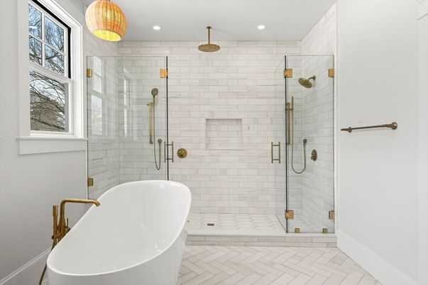 Bathroom, Free Standing Baths, Glass Shower, Interior, Recessed Lighting