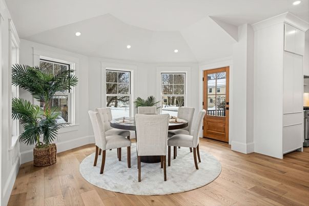 Dining room, Interior, Recessed Lighting, Wood Texture Flooring