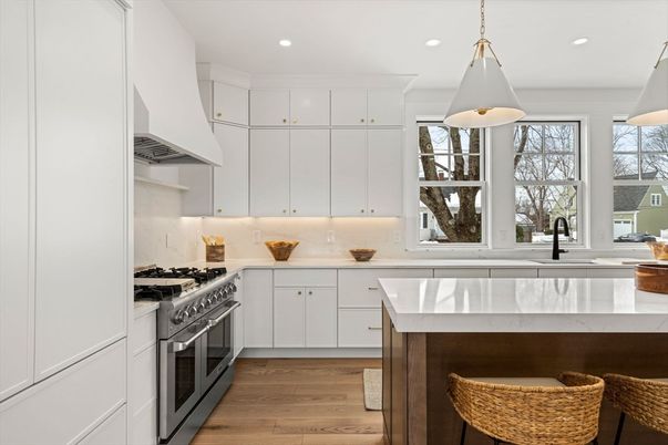 Interior, Kitchen, Pendant Lights, Recessed Lighting, Stainless Steel Appliances, Wood Texture Flooring