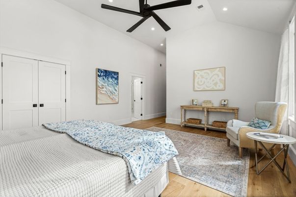 Bedroom, Interior, Recessed Lighting, Wood Texture Flooring