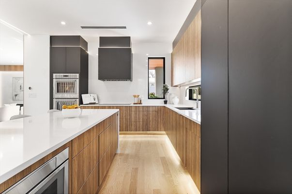 Interior, Kitchen, Recessed Lighting, Stainless Steel Appliances, Wood Texture Flooring
