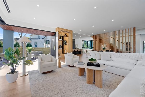 Dining room, Interior, Living room, Recessed Lighting, Wood Texture Flooring
