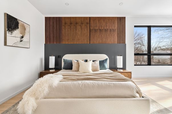 Bedroom, Interior, Recessed Lighting, Wood Texture Flooring