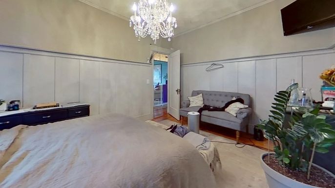 Bedroom, Chandelier, Interior, Wood Texture Flooring