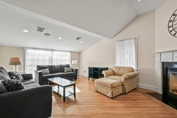 Fireplace, Interior, Living room, Recessed Lighting, Wood Texture Flooring
