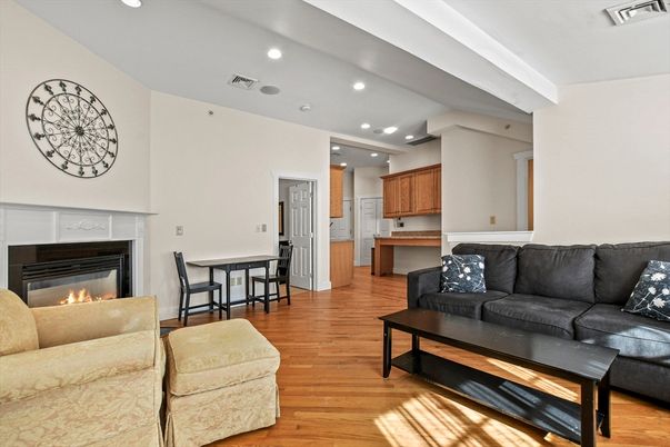 Dining room, Fireplace, Interior, Kitchen, Living room, Recessed Lighting, Wood Texture Flooring