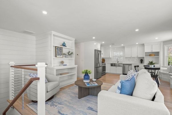 Dining room, Interior, Kitchen, Living room, Recessed Lighting, Stainless Steel Appliances, Wood Texture Flooring