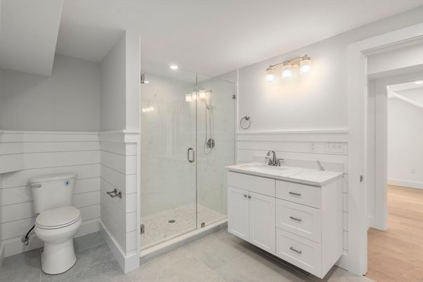 Bathroom, Glass Shower, Interior, Marble Walls, Recessed Lighting