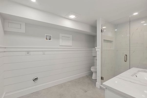 Bathroom, Glass Shower, Interior, Marble Walls, Recessed Lighting