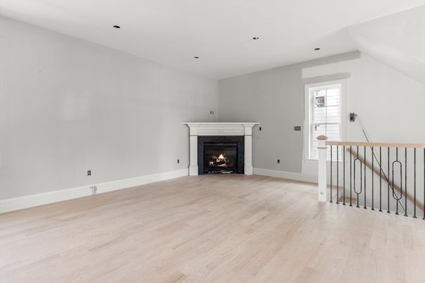 Empty room, Fireplace, Interior, Recessed Lighting, Wood Texture Flooring