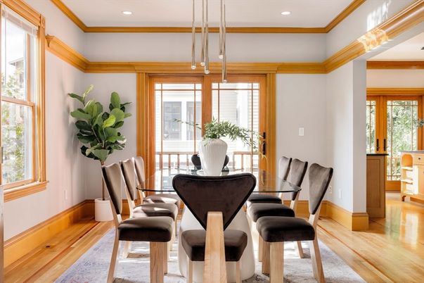Dining room, Interior, Pendant Lights, Recessed Lighting, Wood Texture Flooring