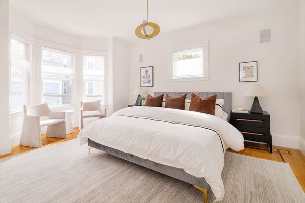 Bedroom, Interior, Pendant Lights, Wood Texture Flooring