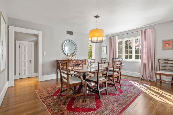 Dining room, Interior, Pendant Lights, Wood Texture Flooring