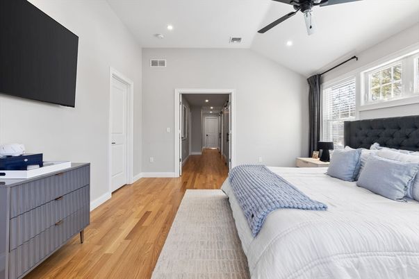 Bedroom, Interior, Recessed Lighting, Wood Texture Flooring