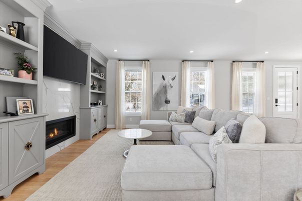 Fireplace, Interior, Living room, Recessed Lighting, Wood Texture Flooring
