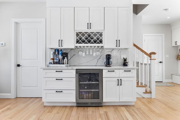 Interior, Kitchen, Marble Walls, Recessed Lighting, Wood Texture Flooring