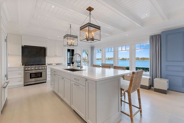 Interior, Kitchen, Pendant Lights, Recessed Lighting, Stainless Steel Appliances, Water, Wood Texture Flooring
