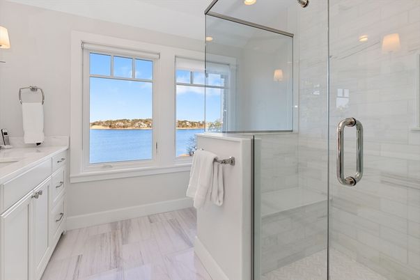 Bathroom, Glass Shower, Interior, Marble, Marble Walls, Recessed Lighting, Water