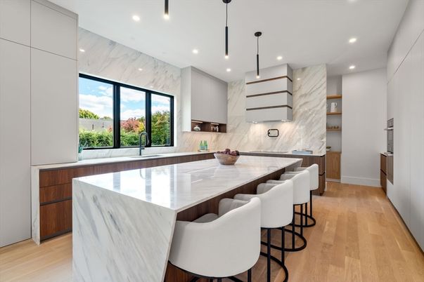 Interior, Kitchen, Marble Walls, Pendant Lights, Recessed Lighting, Wood Texture Flooring