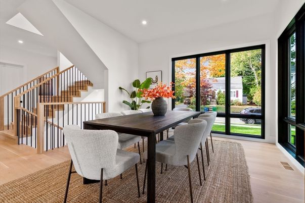 Dining room, Interior, Recessed Lighting, Wood Texture Flooring