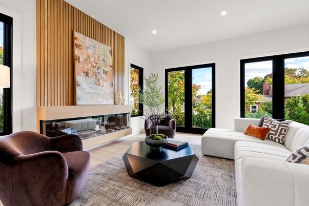 Fireplace, Interior, Living room, Recessed Lighting, Wood Texture Flooring
